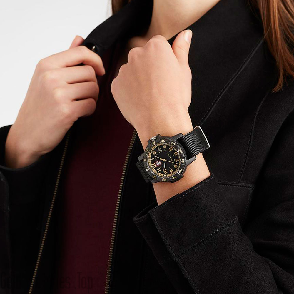 woman using a Luminox fabric watch XS.0333 model for sale here at https://goldwatches.top/