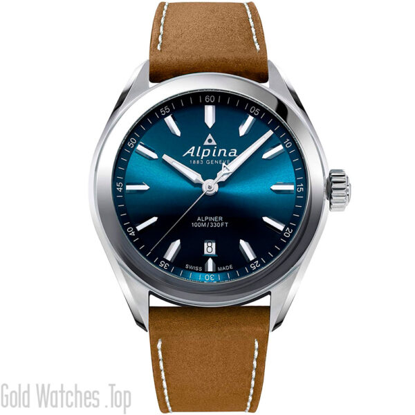 AL-240NS4E6 Alpina watch for man with Leather Brown Strap and blue dial