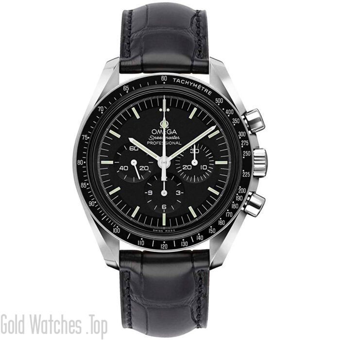 Omega Speedmaster Professional Moonwatch 311.33.42.30.01.001 First Man On The Moon Watch Polished Stainless Steel Case Black Leather Strap with Crocodile Pattern
