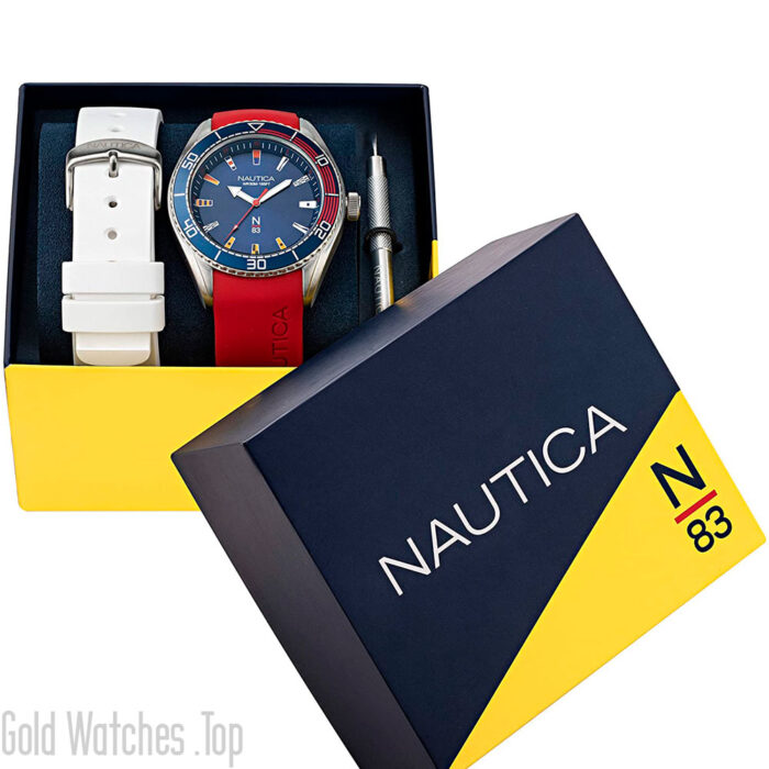box Nautica NAPFWS011 white and red strap watches for men